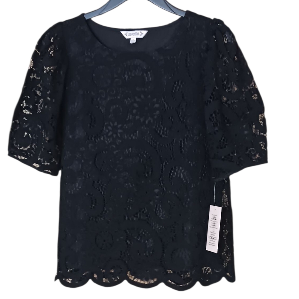 Nanette Lepore Paisley Lace Lined Blouse Cotton Blend Short Sl Black Sm NWT